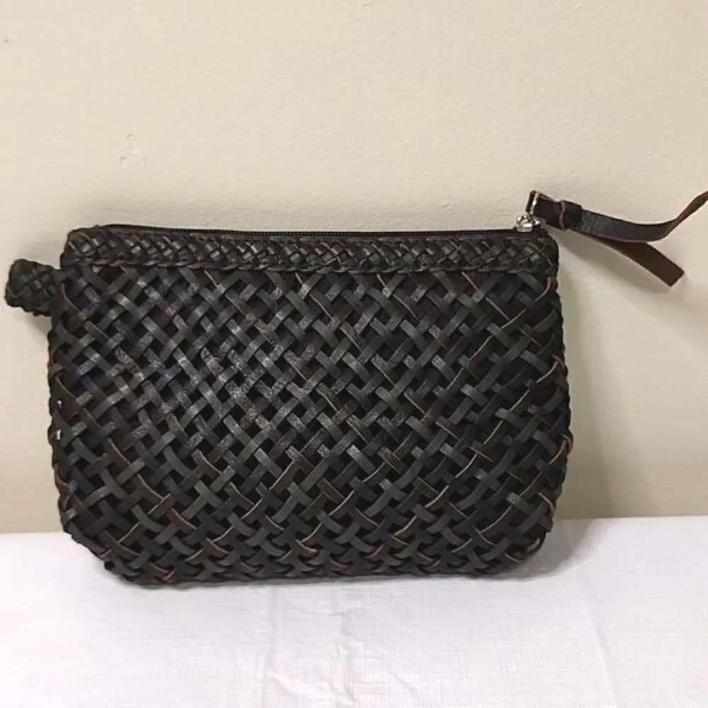 Ceannis Sweden Cosmetic Bag Sweet Woven Brown Leather Clutch Wristlet Bag